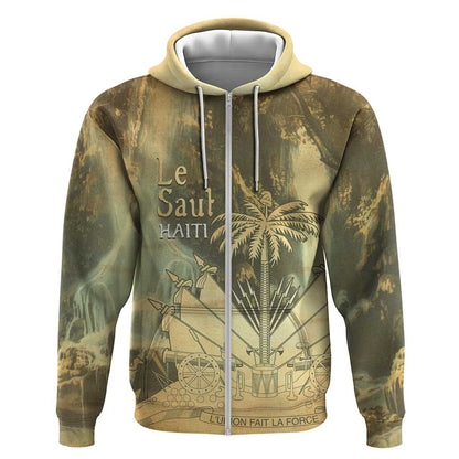 Personalized Afro Haiti Le Saut Zip Hoodie Ayiti Waterfall Vintage Grunge Style - African Pride