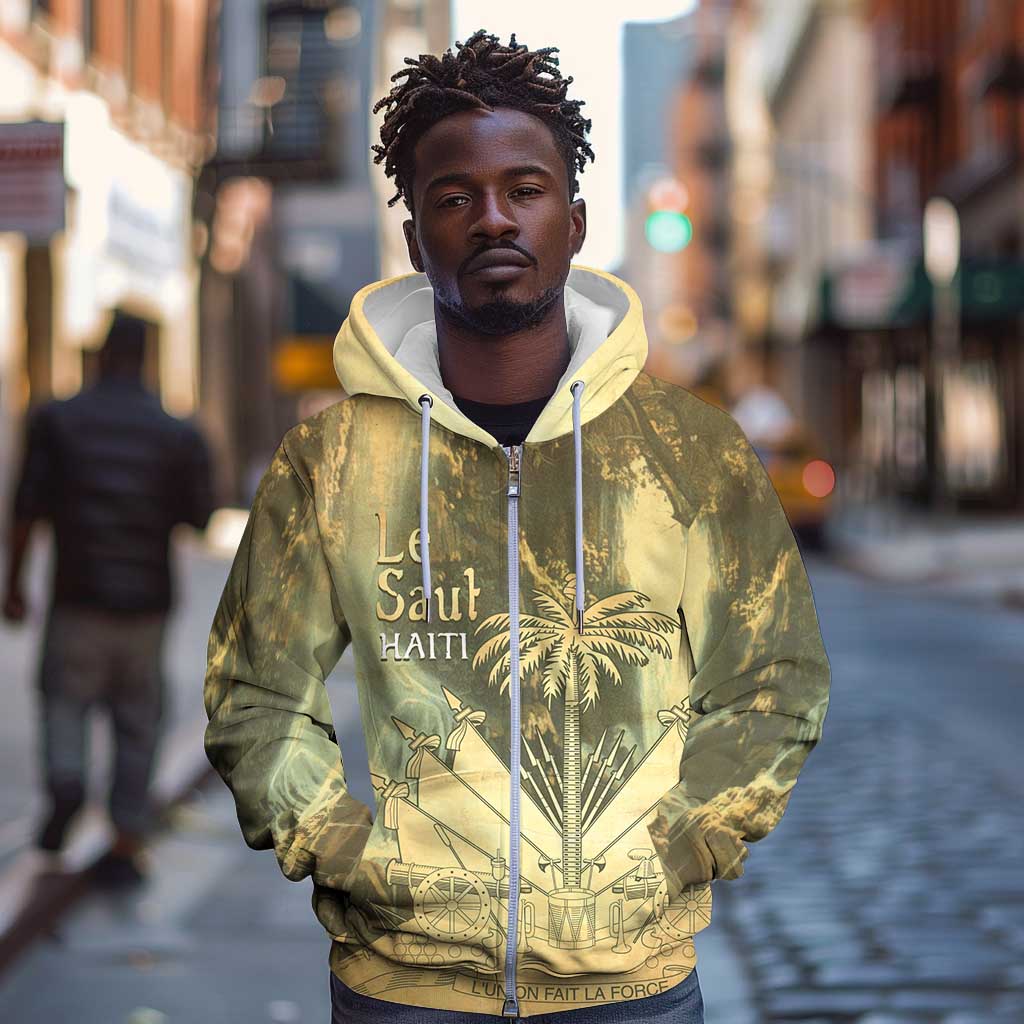Personalized Afro Haiti Le Saut Zip Hoodie Ayiti Waterfall Vintage Grunge Style - African Pride