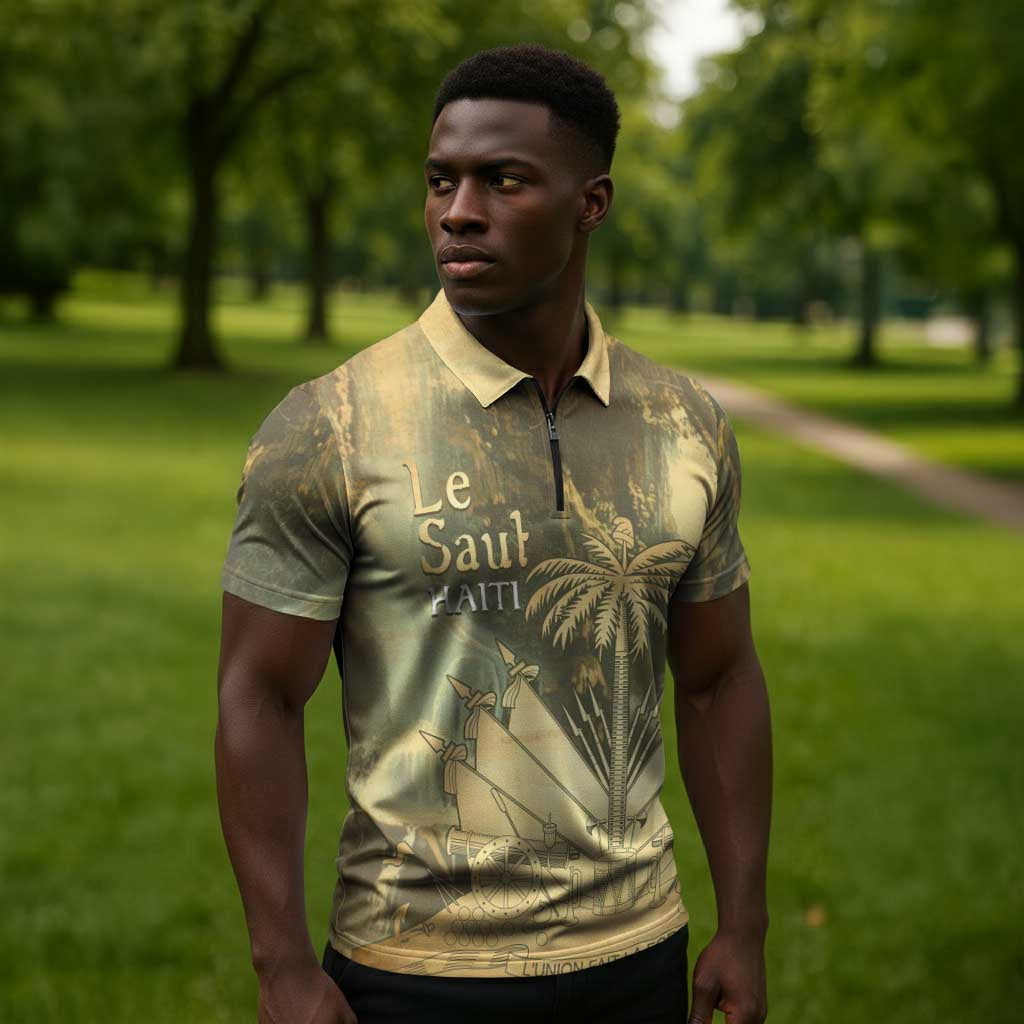 Personalized Afro Haiti Le Saut Zipper Polo Shirt Ayiti Waterfall Vintage Grunge Style - African Pride