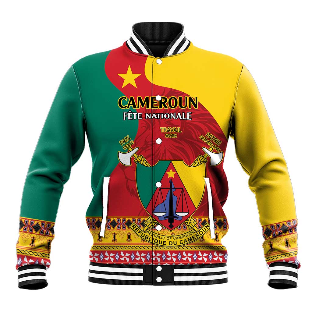 Personalised Cameroon National Day Baseball Jacket Cameroun Coat Of Arms With Atoghu Pattern LT14