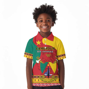 Personalised Cameroon National Day Kid Polo Shirt Cameroun Coat Of Arms With Atoghu Pattern