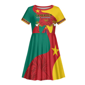 Personalised Cameroon National Day Kid Short Sleeve Dress Cameroun Coat Of Arms With Atoghu Pattern