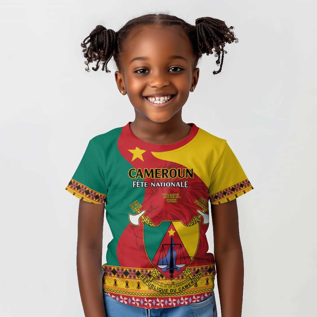 Personalised Cameroon National Day Kid T shirt Cameroun Coat Of Arms With Atoghu Pattern