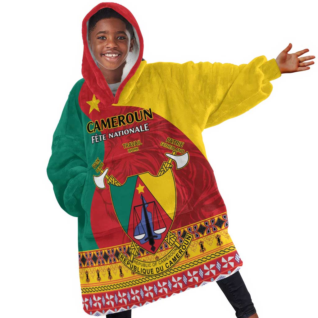 Personalised Cameroon National Day KId Wearable Blanket Hoodie Cameroun Coat Of Arms With Atoghu Pattern