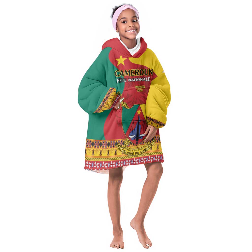 Personalised Cameroon National Day KId Wearable Blanket Hoodie Cameroun Coat Of Arms With Atoghu Pattern