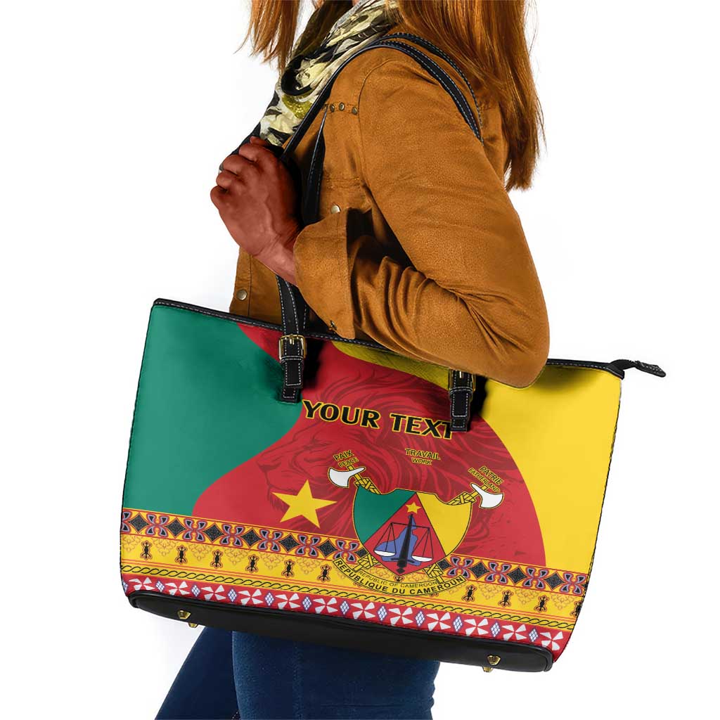 Personalised Cameroon National Day Leather Tote Bag Cameroun Coat Of Arms With Atoghu Pattern