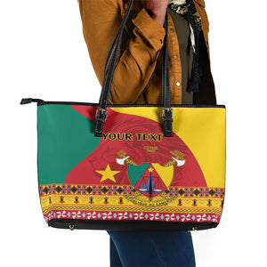 Personalised Cameroon National Day Leather Tote Bag Cameroun Coat Of Arms With Atoghu Pattern