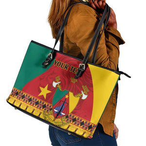 Personalised Cameroon National Day Leather Tote Bag Cameroun Coat Of Arms With Atoghu Pattern