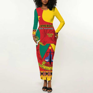 Personalised Cameroon National Day Long Sleeve Bodycon Dress Cameroun Coat Of Arms With Atoghu Pattern