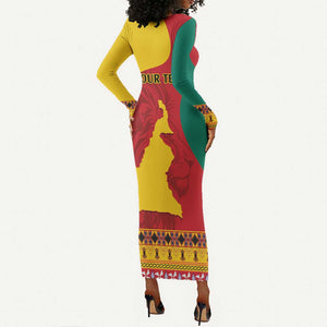 Personalised Cameroon National Day Long Sleeve Bodycon Dress Cameroun Coat Of Arms With Atoghu Pattern