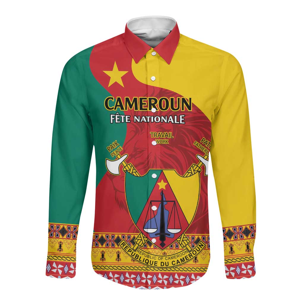 Personalised Cameroon National Day Long Sleeve Button Shirt Cameroun Coat Of Arms With Atoghu Pattern