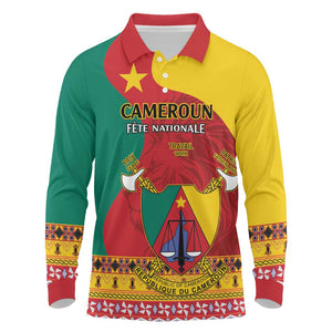 Personalised Cameroon National Day Long Sleeve Polo Shirt Cameroun Coat Of Arms With Atoghu Pattern