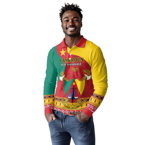 Personalised Cameroon National Day Long Sleeve Polo Shirt Cameroun Coat Of Arms With Atoghu Pattern