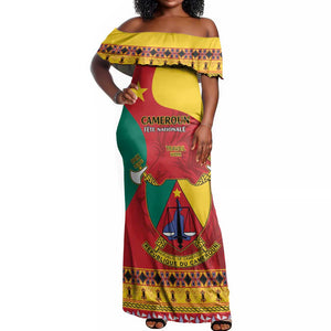 Personalised Cameroon National Day Off Shoulder Maxi Dress Cameroun Coat Of Arms With Atoghu Pattern