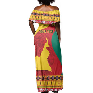 Personalised Cameroon National Day Off Shoulder Maxi Dress Cameroun Coat Of Arms With Atoghu Pattern