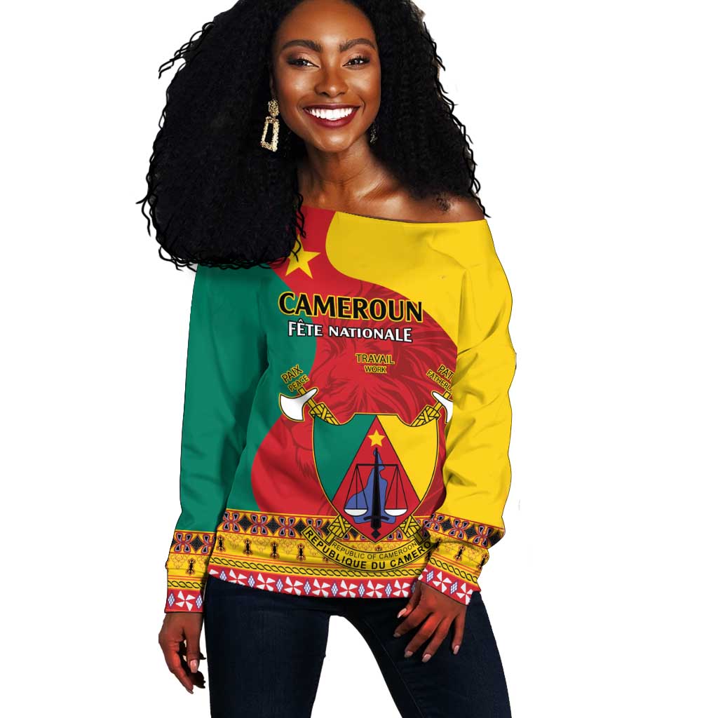 Personalised Cameroon National Day Off Shoulder Sweater Cameroun Coat Of Arms With Atoghu Pattern