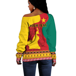 Personalised Cameroon National Day Off Shoulder Sweater Cameroun Coat Of Arms With Atoghu Pattern