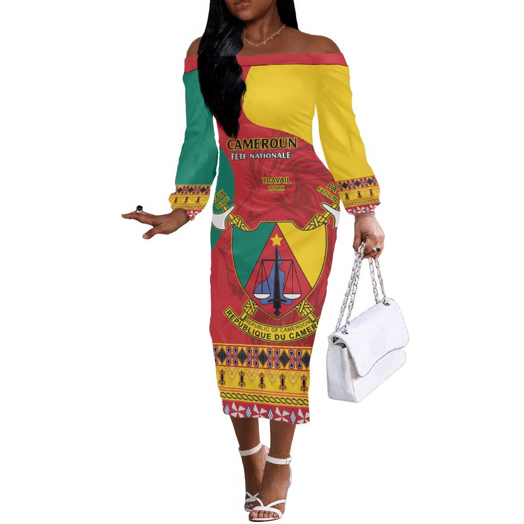 Personalised Cameroon National Day Off The Shoulder Long Sleeve Dress Cameroun Coat Of Arms With Atoghu Pattern