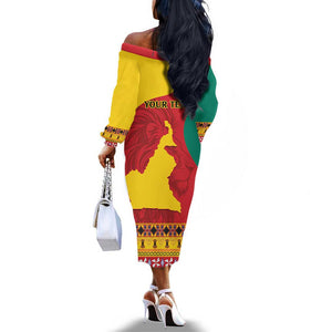 Personalised Cameroon National Day Off The Shoulder Long Sleeve Dress Cameroun Coat Of Arms With Atoghu Pattern