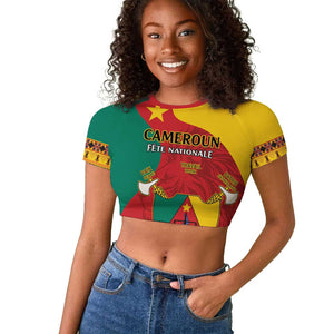 Personalised Cameroon National Day Raglan Cropped T shirt Cameroun Coat Of Arms With Atoghu Pattern