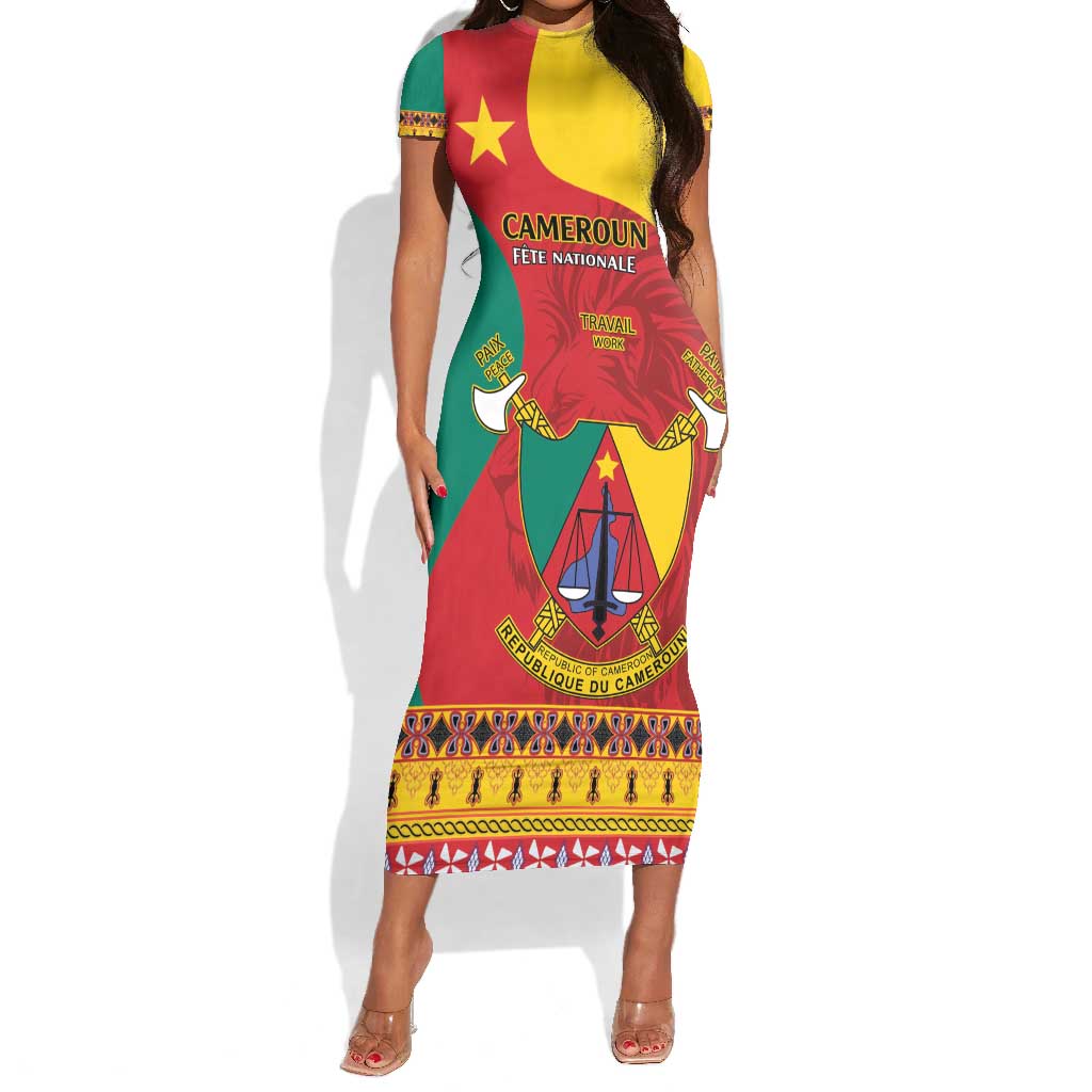 Personalised Cameroon National Day Short Sleeve Bodycon Dress Cameroun Coat Of Arms With Atoghu Pattern