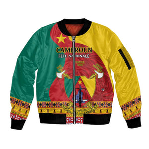 Personalised Cameroon National Day Sleeve Zip Bomber Jacket Cameroun Coat Of Arms With Atoghu Pattern