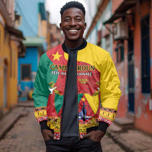 Personalised Cameroon National Day Sleeve Zip Bomber Jacket Cameroun Coat Of Arms With Atoghu Pattern