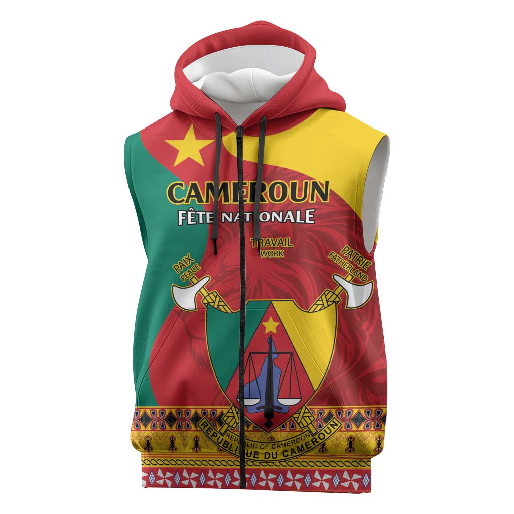 Personalised Cameroon National Day Sleeveless Zip Hoodie Cameroun Coat Of Arms With Atoghu Pattern - African Pride