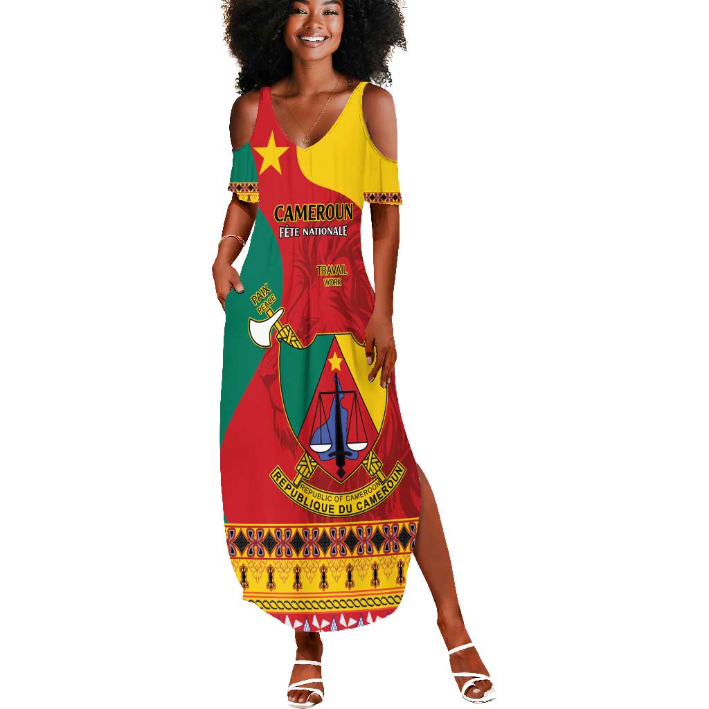 Personalised Cameroon National Day Summer Maxi Dress Cameroun Coat Of Arms With Atoghu Pattern