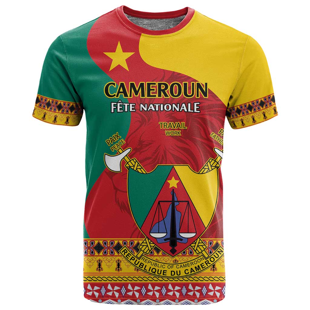 Personalised Cameroon National Day T shirt Cameroun Coat Of Arms With Atoghu Pattern