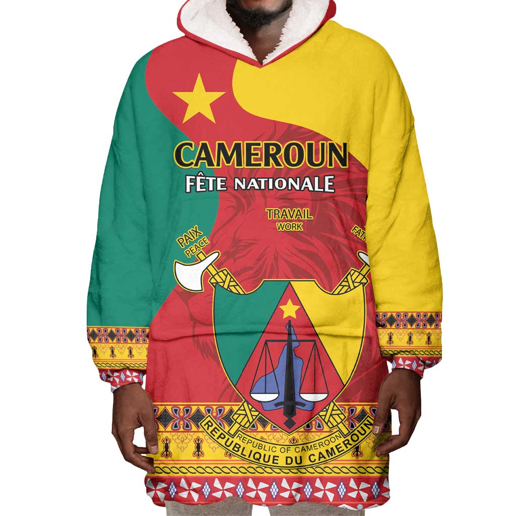 Personalised Cameroon National Day Wearable Blanket Hoodie Cameroun Coat Of Arms With Atoghu Pattern