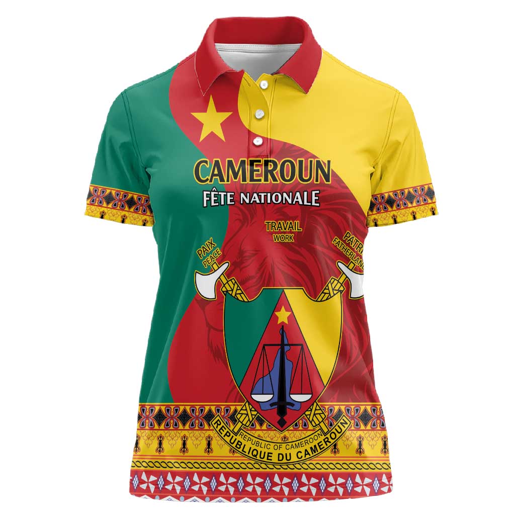 Personalised Cameroon National Day Women Polo Shirt Cameroun Coat Of Arms With Atoghu Pattern