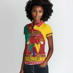 Personalised Cameroon National Day Women Polo Shirt Cameroun Coat Of Arms With Atoghu Pattern