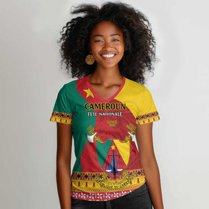 Personalised Cameroon National Day Women V-Neck T-Shirt Cameroun Coat Of Arms With Atoghu Pattern