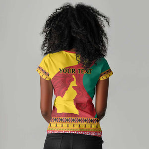 Personalised Cameroon National Day Women V-Neck T-Shirt Cameroun Coat Of Arms With Atoghu Pattern