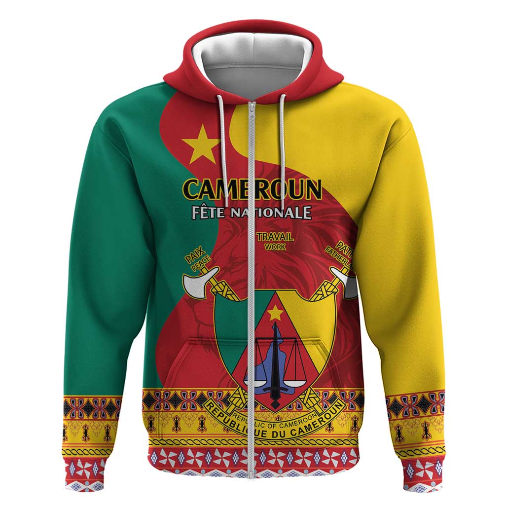 Personalised Cameroon National Day Zip Hoodie Cameroun Coat Of Arms With Atoghu Pattern