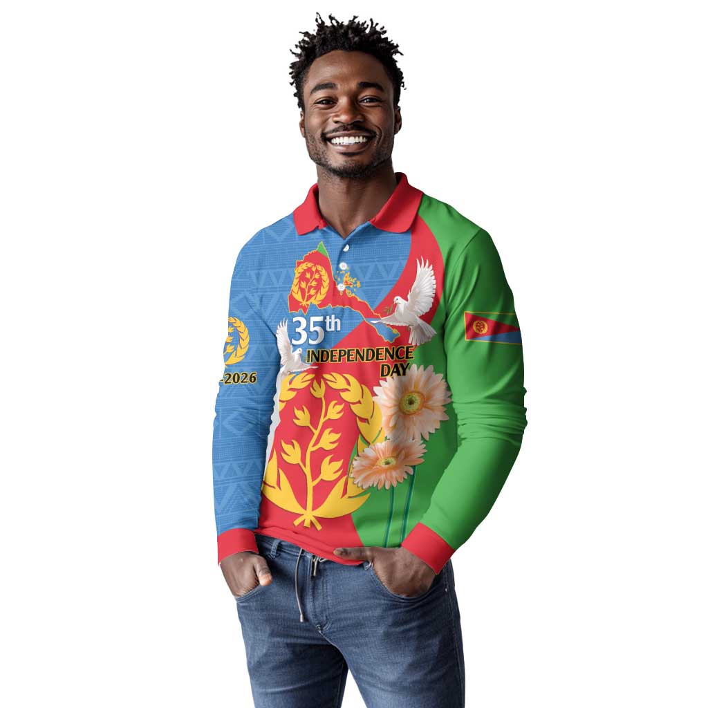 Eritrea Independence Day Long Sleeve Polo Shirt Eritrean Olive Branches 33rd Anniversary