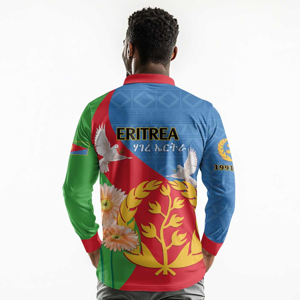 Eritrea Independence Day Long Sleeve Polo Shirt Eritrean Olive Branches 33rd Anniversary