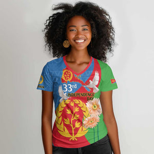 Eritrea Independence Day Women V-Neck T-Shirt Eritrean Olive Branches 33rd Anniversary