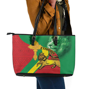 Ethiopia National Day Leather Tote Bag Ethiopia Lion of Judah African Pattern