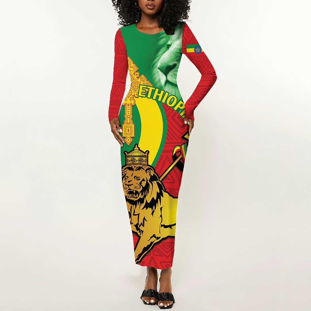 Ethiopia National Day Long Sleeve Bodycon Dress Ethiopia Lion of Judah African Pattern