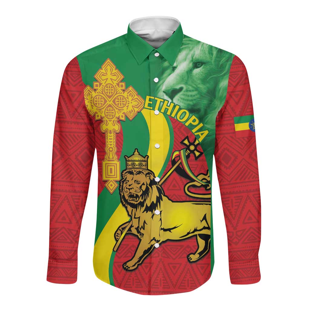 Ethiopia National Day Long Sleeve Button Shirt Ethiopia Lion of Judah African Pattern