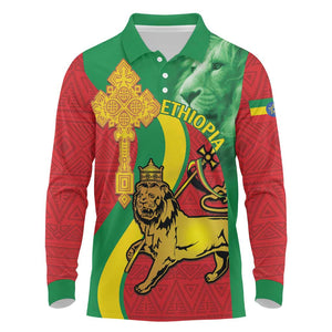 Ethiopia National Day Long Sleeve Polo Shirt Ethiopia Lion of Judah African Pattern