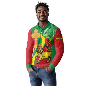 Ethiopia National Day Long Sleeve Polo Shirt Ethiopia Lion of Judah African Pattern