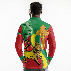 Ethiopia National Day Long Sleeve Polo Shirt Ethiopia Lion of Judah African Pattern