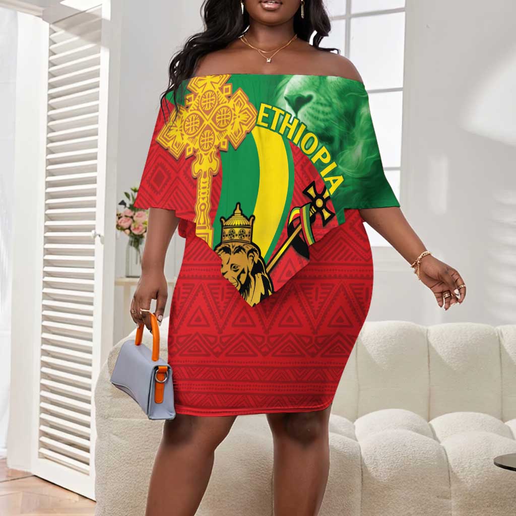 Ethiopia National Day Off Shoulder Short Dress Ethiopia Lion of Judah African Pattern LT14