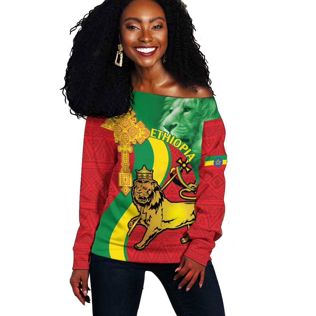 Ethiopia National Day Off Shoulder Sweater Ethiopia Lion of Judah African Pattern