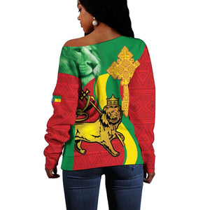 Ethiopia National Day Off Shoulder Sweater Ethiopia Lion of Judah African Pattern