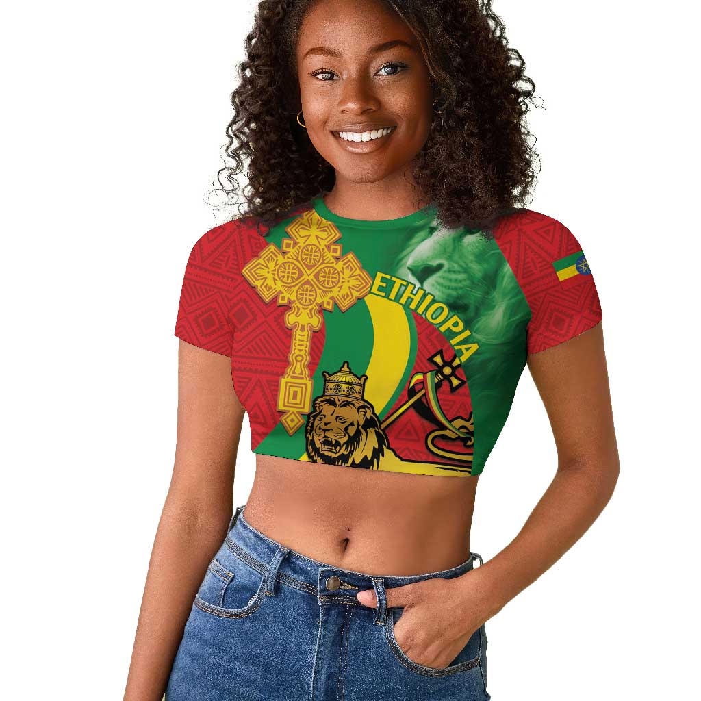 Ethiopia National Day Raglan Cropped T shirt Ethiopia Lion of Judah African Pattern