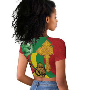 Ethiopia National Day Raglan Cropped T shirt Ethiopia Lion of Judah African Pattern